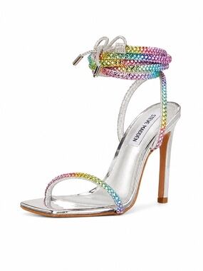 Steve Madden Uplift Rainbow Rhinestone Heels Silver Ankle Wrap Size 9.5 NWOB